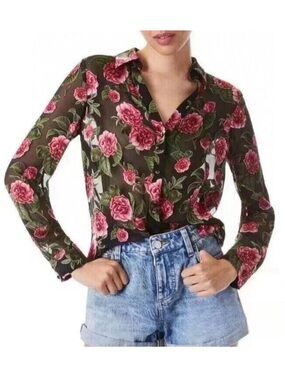 Alice + Olivia Sheer Floral Button-Down Blouse with Pink Roses